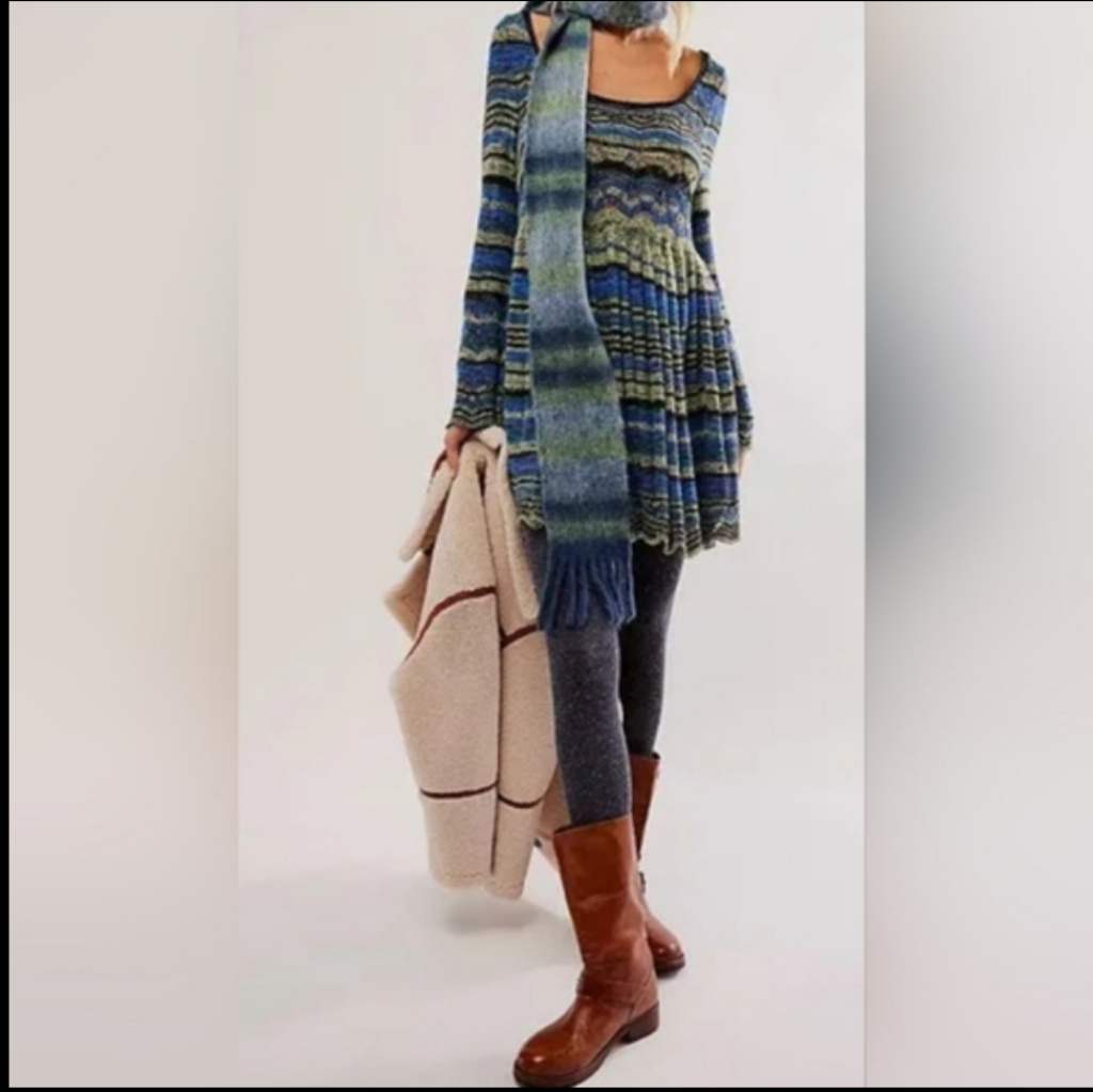 Free People Blue & Green Striped Mini Sweater Dress